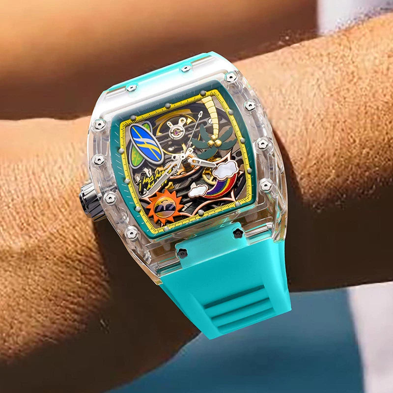 New PINDU Watch Unique Dial Design Style Men Mechanical Watch Summer Beach Fashion Watch Glowing Waterproof Resin silicone strap