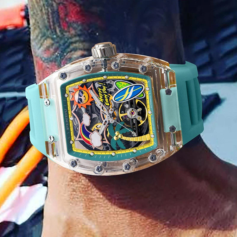 New PINDU Watch Unique Dial Design Style Men Mechanical Watch Summer Beach Fashion Watch Glowing Waterproof Resin silicone strap
